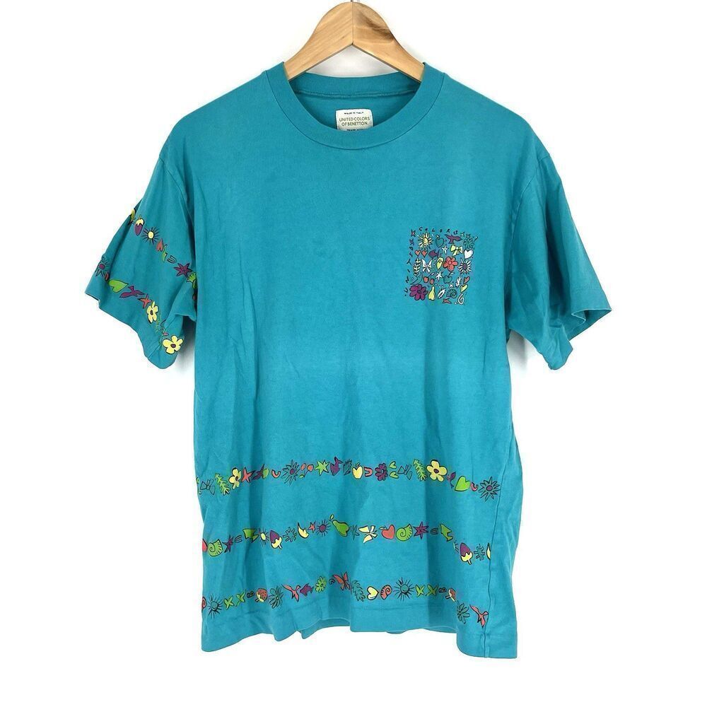 VTG United Colors Of Benetton T Shirt Size Medium Teal Single Stitch Made Italy